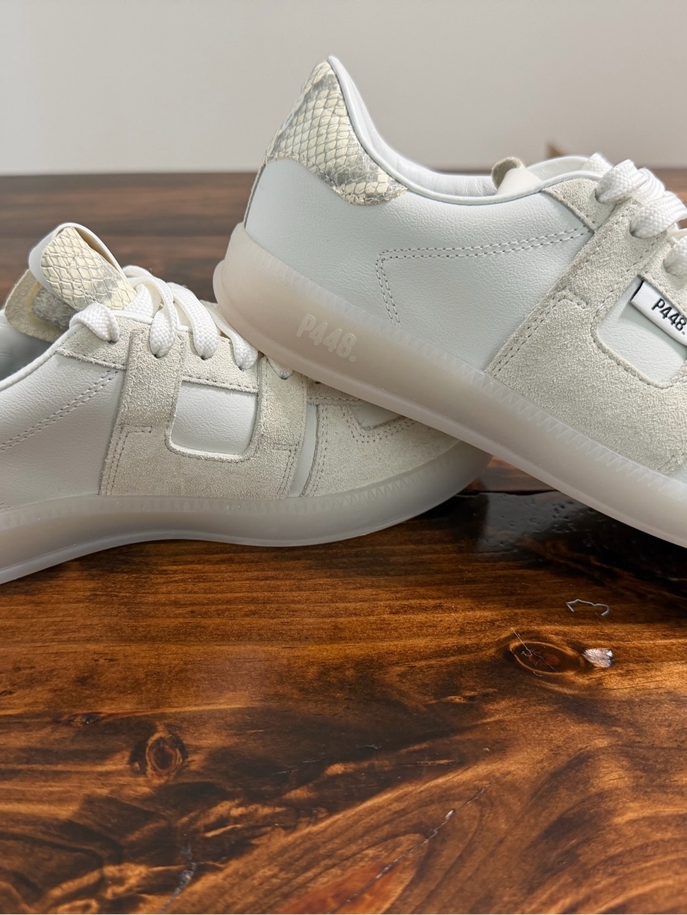 P448 Cream Gray Snake Print Low Top Sneakers Designer Streetwear Minimalist US 6